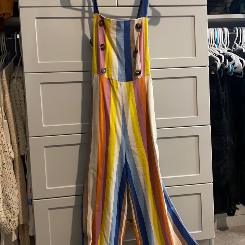 Rainbow striped cropped flared pant romper